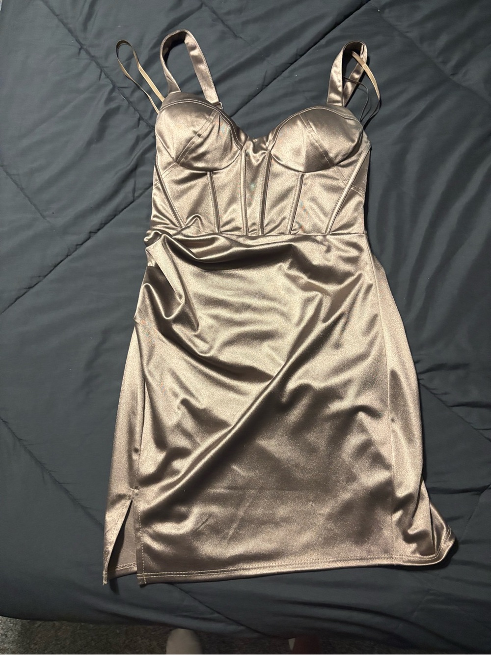 B Darlin Metallic Taupe Satin Corset Mini Dress